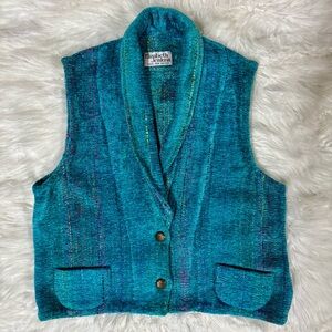 Elizabeth Jenkins Taos NM Handwoven Teal Chenille Vest Southwestern Cottagecore